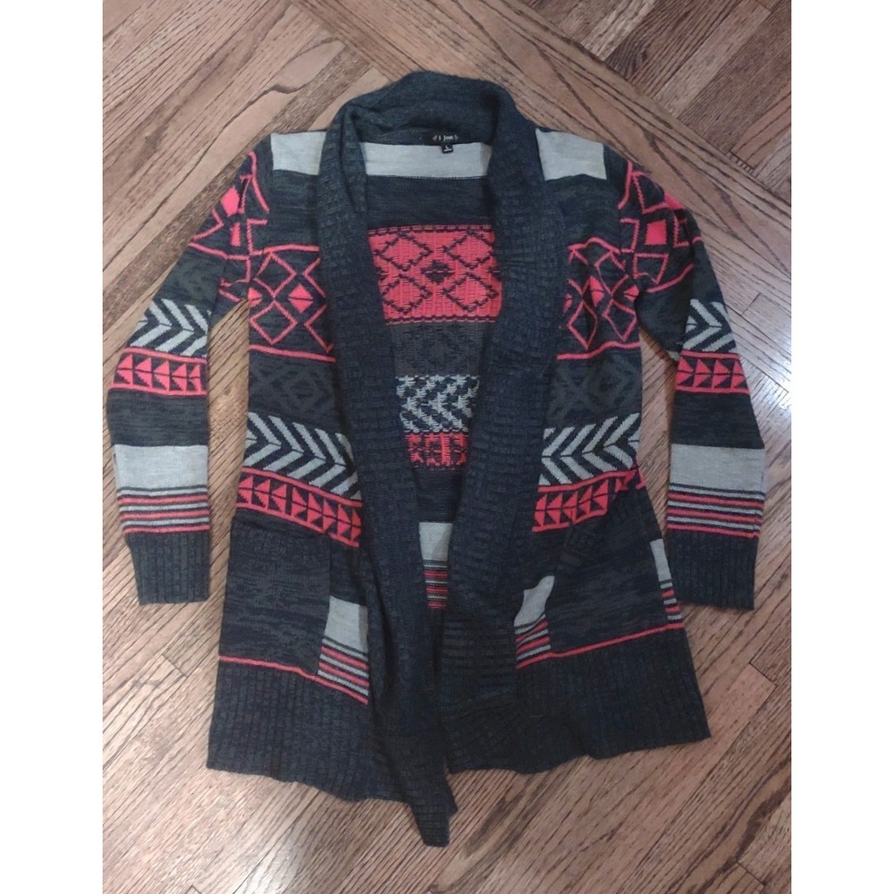 i joah Southwestern Aztec Cardigan Sweater L Mohair Blend Open Front Grey Pink